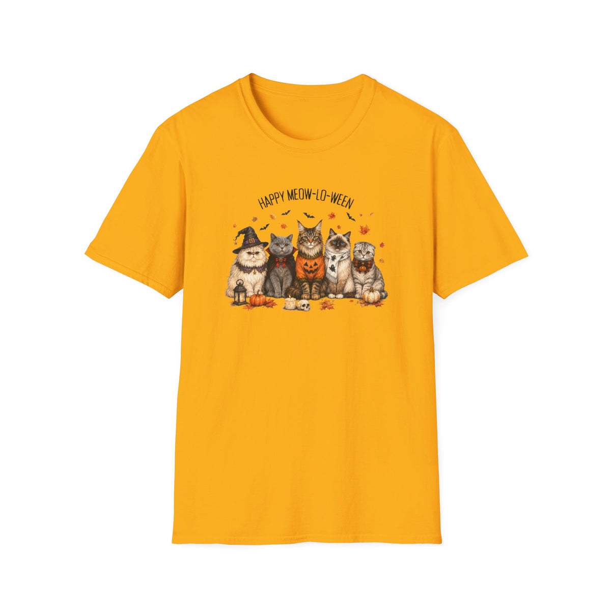 Halloween Cat T-Shirt — "Happy Meow-lo-ween" Cute Pumpkin Cats Tee