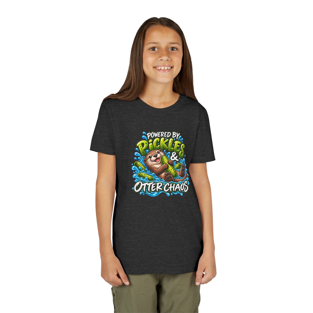 Youth Tee — "Powered by Pickles & Otter Chaos" Cute Otter Graphic Shirt