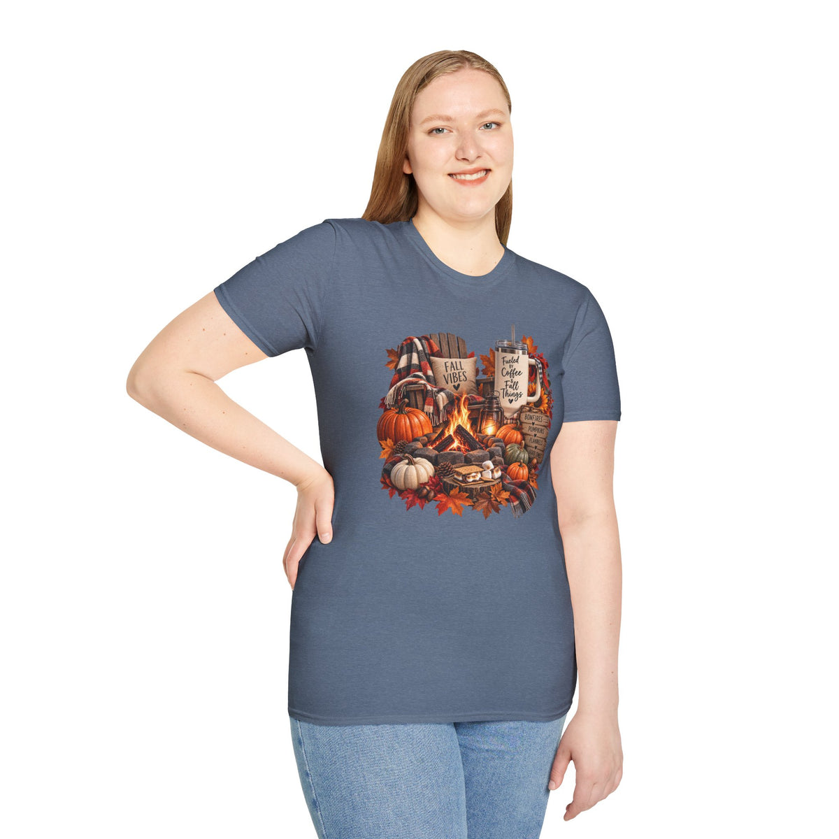 Fall Campfire Pumpkin T-Shirt — Cozy Autumn Shirt with "Fall Vibes" and Plaid Marshmallows Design
