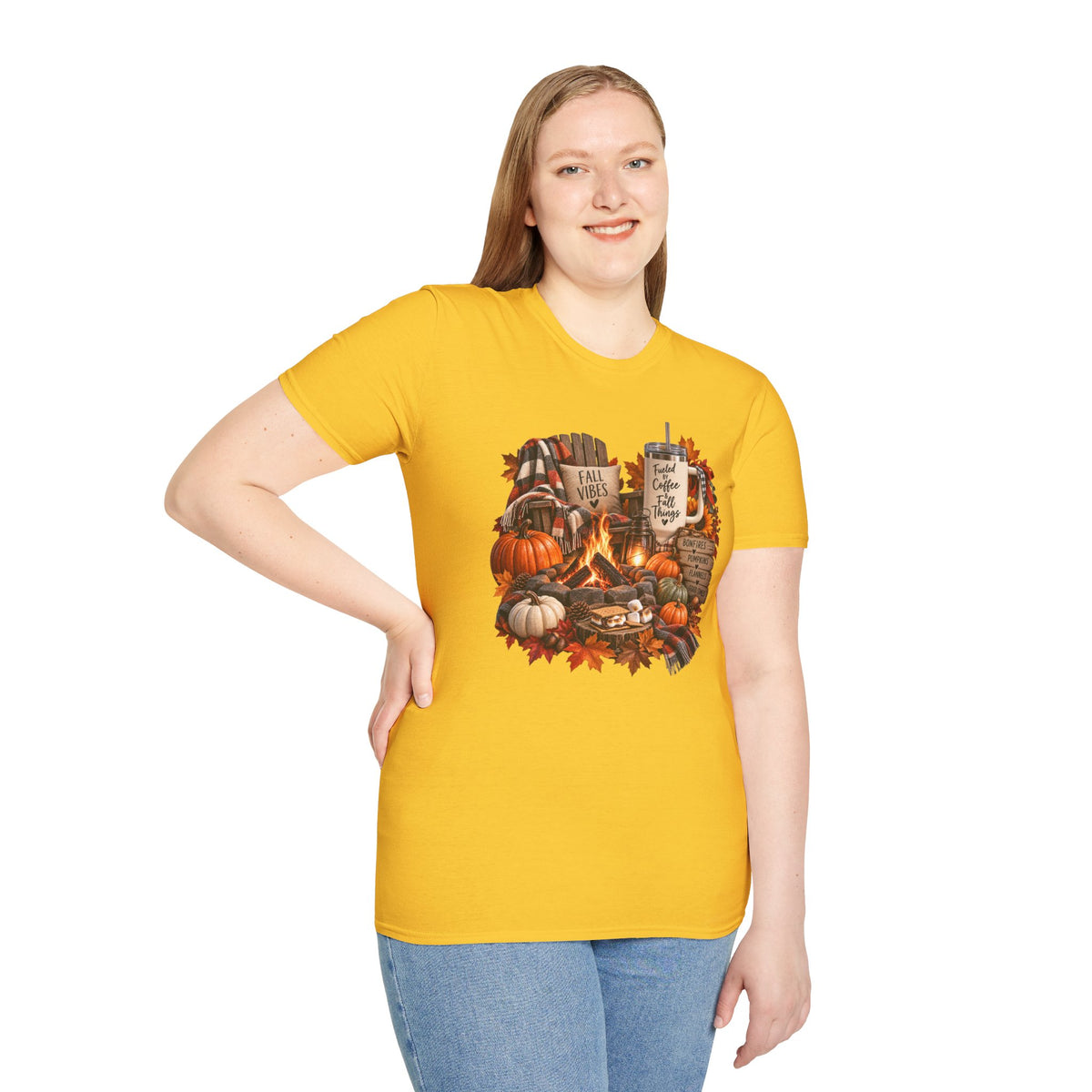 Fall Campfire Pumpkin T-Shirt — Cozy Autumn Shirt with "Fall Vibes" and Plaid Marshmallows Design