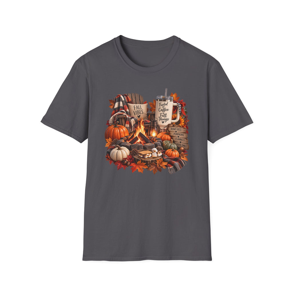 Fall Campfire Pumpkin T-Shirt — Cozy Autumn Shirt with "Fall Vibes" and Plaid Marshmallows Design