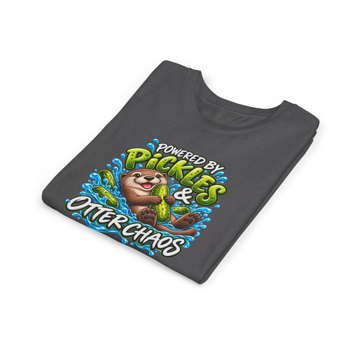 Youth Tee — "Powered by Pickles & Otter Chaos" Cute Otter Graphic Shirt